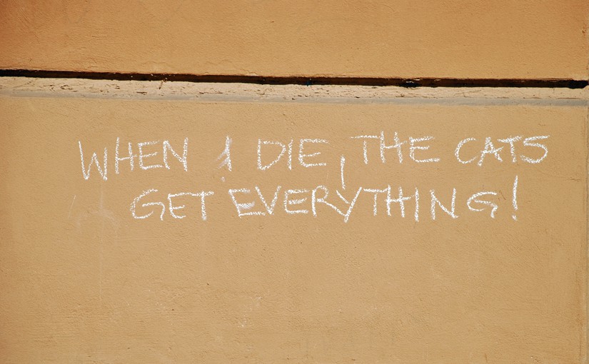 "When I die, the cats get everything" Wandmalerei als Symbol dafür, dass Zeit wichtiger ist als Zeug